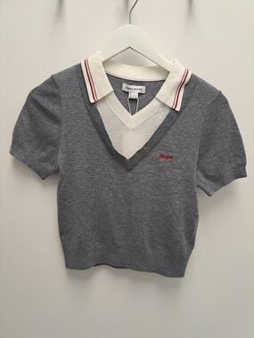 Urban Revivo Grey V-Neck Polo-Style Short Sleeve Sweater